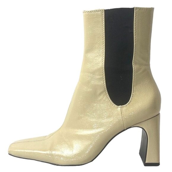 Zara Beige Patent Leather Square Toe Side Goring Heeled Ankle Boots Size 6 - Picture 1 of 12